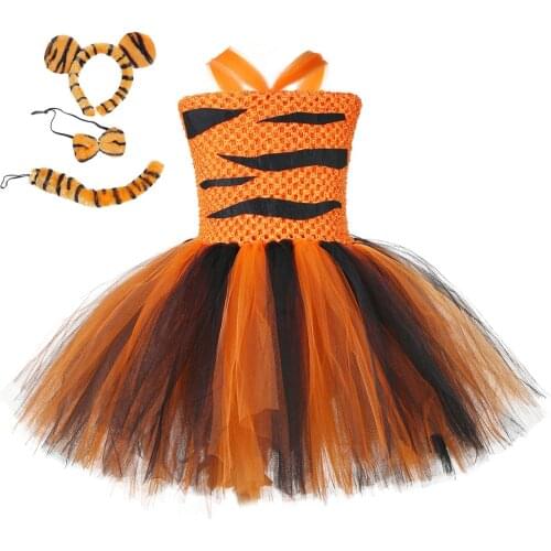 1set Tiger Girls Tutu Dress Outfit Zoo Animal Toddler Baby Girl Fancy Performance Birthday Party Dresses Kids Halloween Costumes
