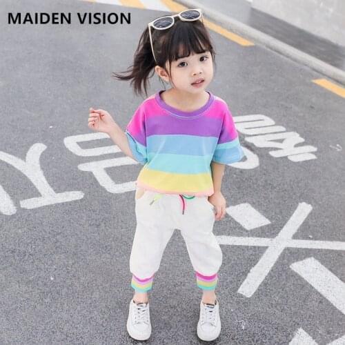 2021 New Kids Clothes boy Suit Girls summer Clothing Fashion Casual ChildrenS Color stripes T-shirt+ pants 2pcs/ Set outfit