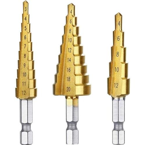 3Pcs titanium-plate High-Speed Steel Step Drill Bit Set Drill Bits Set for Sheet Metal Hole Drilling 4-12mm 4-20mm 4-32mm 3-12mm