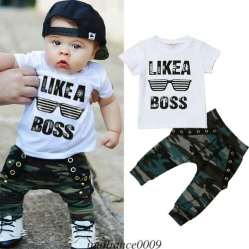 0-3T Toddler Baby Boy Clothes Short Sleeve Hip Hop Tops T-shirt +Camo Long Pants 2Pcs Casual Outfits Set