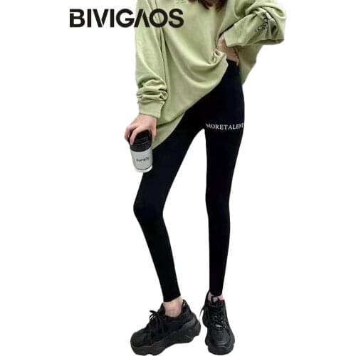 BIVIGAOS Thigh Letter Printed Sharkskin Leggings Women Spring Autumn Thin Black Fitness Sports Leggings High Waist Stretch Slim