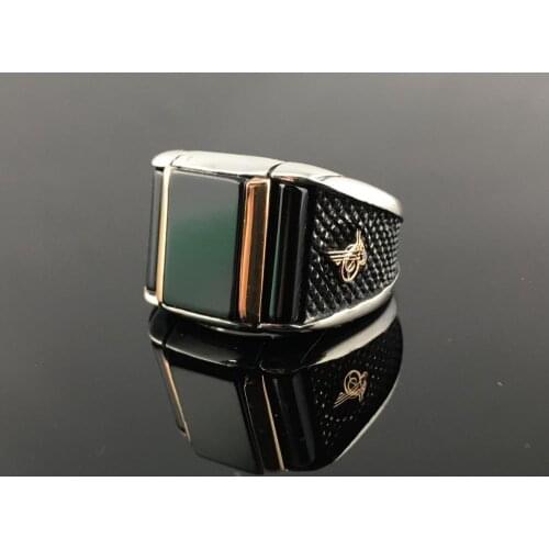 BIG Black Muslim Tattoo Ring 925 SILVER RECTANGLE Big black Cubic Zirconia Ring TWO SIDES BRICK PATTERNED Fathers Gift Fashion