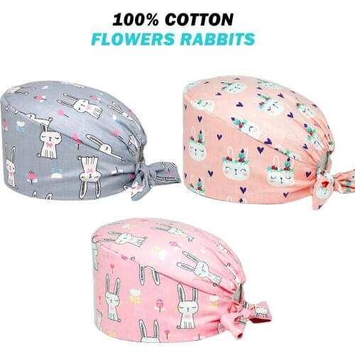 Surgicals Hat 100% Cotton Anime Rabbit Printing Adjustable Nursing Cap Beauty Salon Pet Shop Lab Working Accessories Scrubs Caps