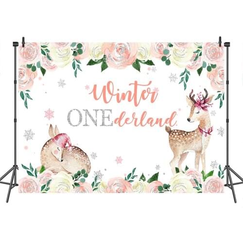 Winter One derland Backdrop Birthday for girl Silver Floral Sika deer Winter Onederland Photography Backdrops Party Decoration