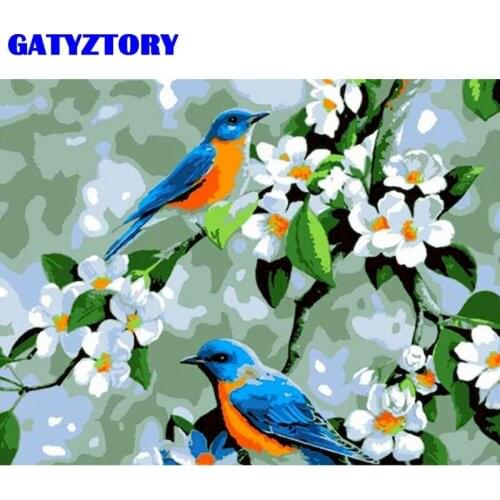 GATYZTORY Blue Birds On Flower Photo By Numbers For Adults Children Unique Gift HandPainted Acrylic Pigment Draw On Canvas Craf