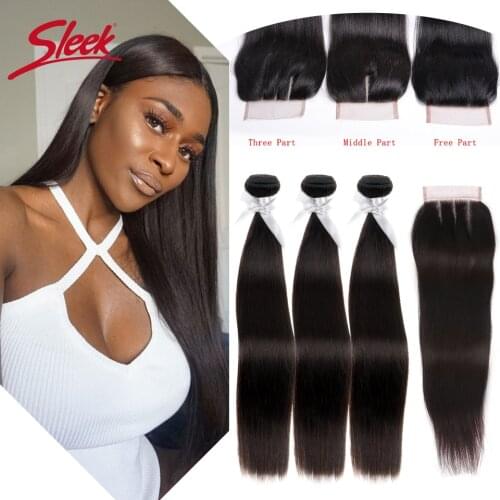 Sleek Peruvian Straight 3 Bundles With Closure Remy Brazilian Human Hair Weave Natural Color Hair With Closue Free Shipping