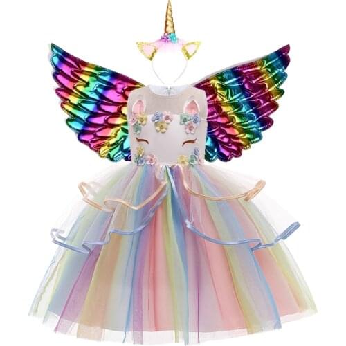 3Pcs Flower Unicorn Girls Dress Mesh Casual Party Costume Little Princess Birthday Clothes 2 3 4 5 6 7 8 9 10 Years Kids Dresses