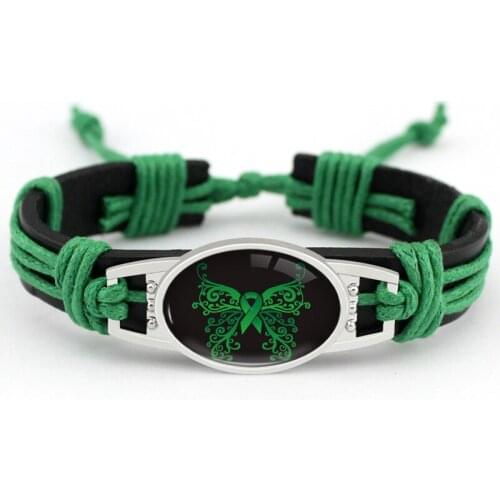 Breast Cancer Butterfly Green Ribbon Bracelets Yellow Orange Pink Ribbon Leather Charm Bracelets Women Men Unisex Jewelry