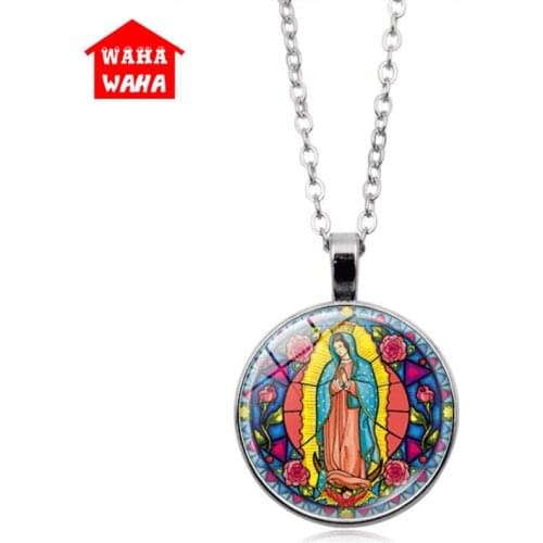 Round Stained Glass Necklace Virgin Mary Pressed Flower Necklaces Pendants Necklace Women Art Glass Dome Pendant Church Gift