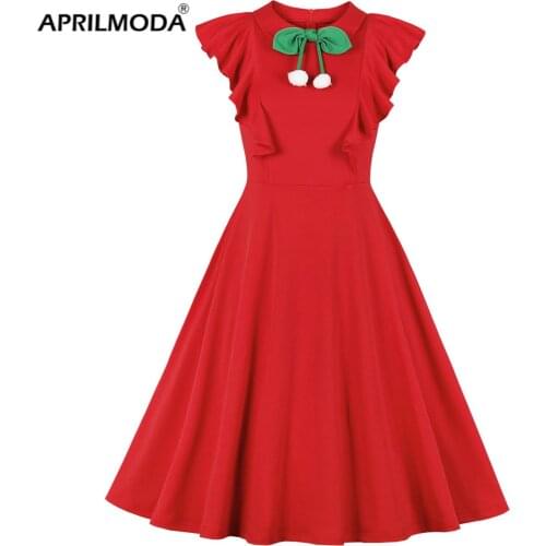 Summer Red Women Party Tunic Dress Cherry Butterfly Sleeve 50s 60s Swing Hepburn Vintage Retro Rockabilly Pin Up Midi Sundress