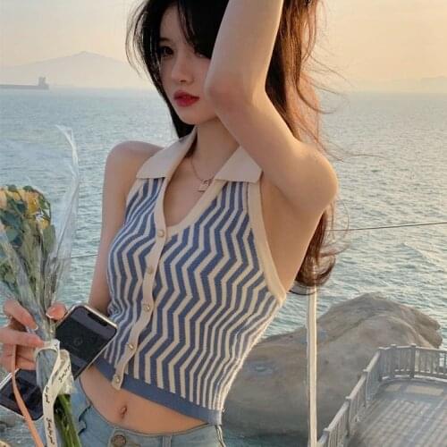 Summer Women Striped Knitted Cropped Top Female Button Up Backless Short Tops Nightclub Sexy Camisole V Neck Contrast Color Vest