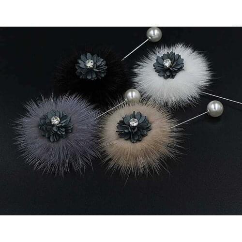 Korean Pop Hot Sale Fashion Mink Fur Round Pearl Winter Brooch For Women Simple Temperament Jewelry Wholesale