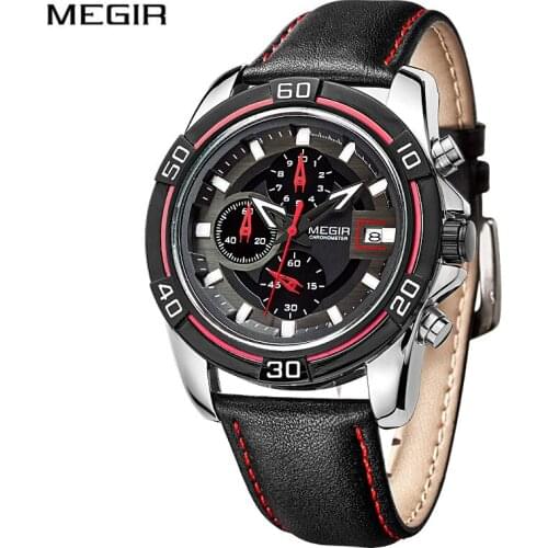 MEGIR New Fashion Mens Watches Top Brand Luxury Big Dial Military Quartz Watch Leather Waterproof Sport Chronograph Watch Men