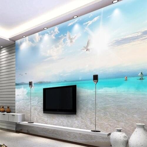 Milofi custom large wallpaper mural blue sky white cloud beach seascape living room bedroom background wall decoration painting