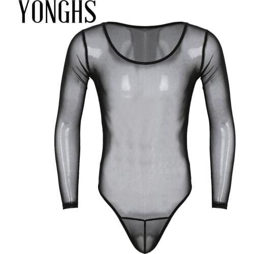 Mens Lingerie Sex Bodysuit See Through Mesh Long Sleeve Scoop Neck High Cut Exotic Jumpsuit Bodysuit Transparents Sexy Nightwear