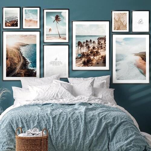 Beach Waves Palm Tree Leaf Plant Seaside Sunrise Wall Art Print Canvas Painting Wall Picture For Living Room Decor Nordic Poster