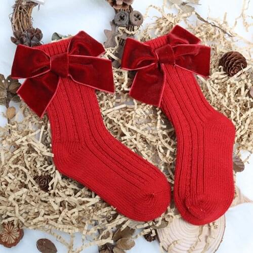 Baby Girls Christmas Socks Kids Cotton Big Bow Knee High Sock Solid Woolen Leg Warmers Girl Toddler Soft Long Socks For Children