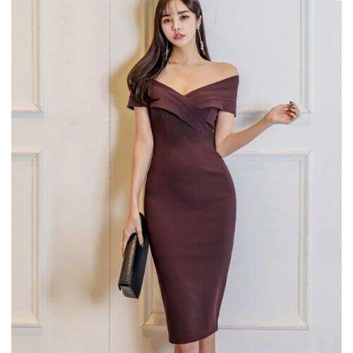 New OL Office Dress Womens Sexy Slash neck Bodycon Knee-length Dresse Elegant Korean Spring Slim Sheath Pencil Vestidos Female