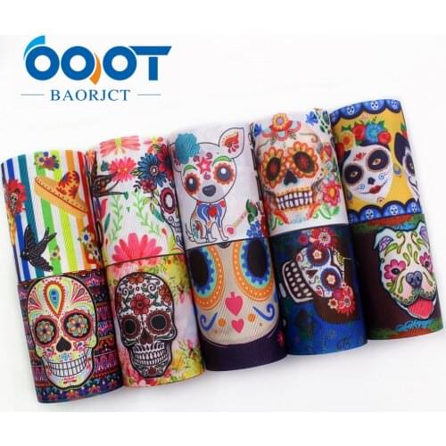 OOOT BAORJCT I-19825-1989,75mm 10yards Halloween Thermal transfer Printed grosgrain Ribbons,tape crafts,bow cap DIY accessories