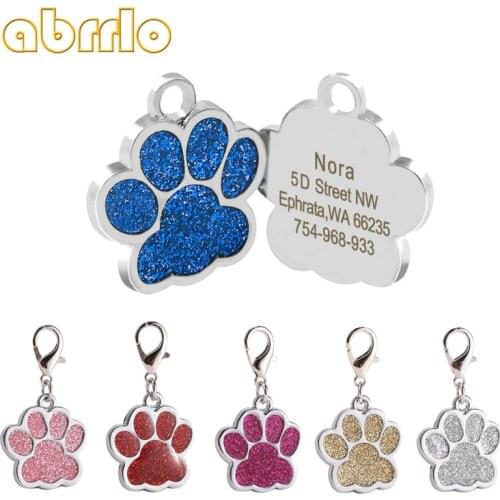 Personalized Dog Tags Glitter Paw Shape Cat Puppy Pet ID Name Collar Tag Custom Anti-lost Free Engraved Pendant Pet Accessories