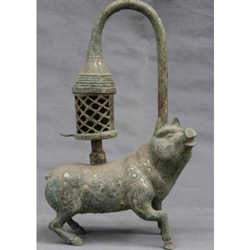 Song voge gem S0114 Folk Collect old Bronze silver-gilt Feng Shui Fortune Pig palace lantern Statue