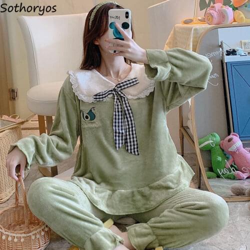 Pajama Sets Women Flannel Autumn-winter New Korean-style Womens Turn-down Collar Pajama-set Homewear Comfortable Leisure Warm