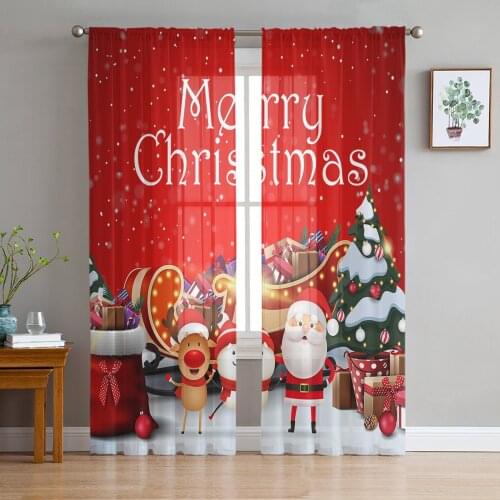 Christmas Tree Santa Claus Snowman Elk Sheer Curtains for Living Room Bedroom Home Decor Chiffon Voile Christmas Curtains