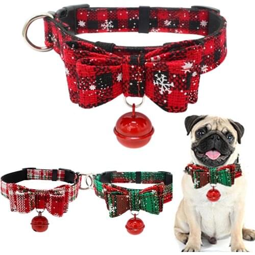 Christmas Dog Collar & Bell Fabric Female Male Puppy Pet Bow Tie Adjustable XS-L