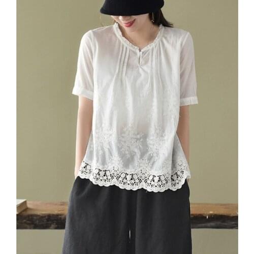 Lamtrip Ruffled Collar Floral Embroidery Hollow Out Lace Hem Loose Short Sleeve Doll Shirt Mori Girl 2021 Summer