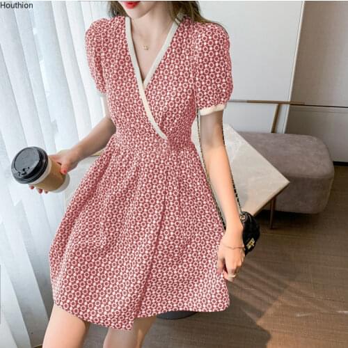 Chiffon Loose Plus Size Womens Clothing Mid-length Dress New Fashion Casual Short Sleeve Printing V-neck Autumn Houthion