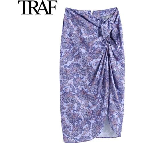 Traf Za Women Clothing 2021 Summer Chic Floral Print Pleated Knot Mid Length Vintage Sexy Midi Skirts High Waist Straight Skirt