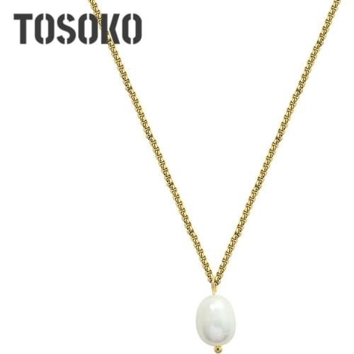 TOSOKO Stainless Steel Jewelry Natural Freshwater Pearl Pendant Necklace Womens Simple Clavicle Chain BSP005