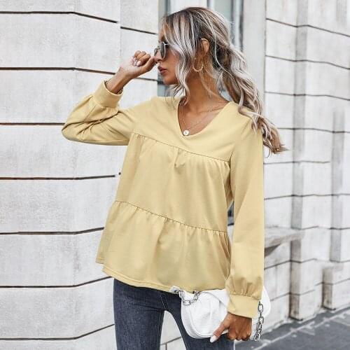 2020 Women Fashion Clothing Fall New Sexy V-neck Tops Retro Classic Solid Color Casual T-shirt Harajuku Coat
