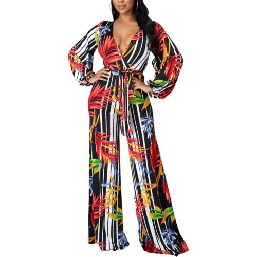 Womens Sexy V Neck Floral Print Romper Long Sleeve Summer Beach Wide Leg Pants Jumpsuits