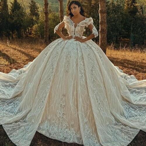 Arabic Vintage Ball Gown Wedding Dresses Sequins Lace Appliqued Chapel Train Bridal Gowns for Wedding Ceremony Plus Size