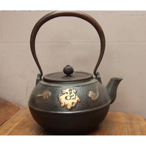 Archaic Jepanese Iron Silver Gilt Dragon Phoenix Water Bottle TeaPot Teakettle