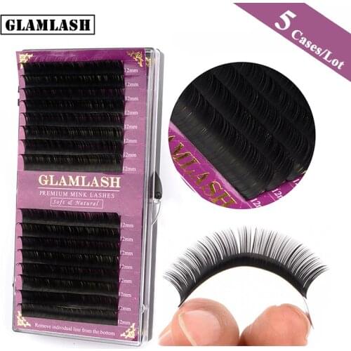 GLAMLASH 5 Cases/Lot 16Rows high quality cheap faux mink lash extension eyelash matte black individual natural false eye lashes