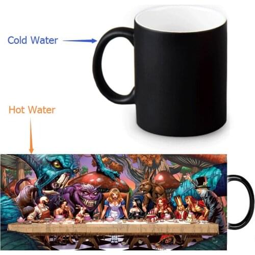 Custom 12 OZ magic Mugs Alice in Wonderland Coffee Tea Milk Mug,Heat Sensitive Color Changing Black To White Ceramic Mug