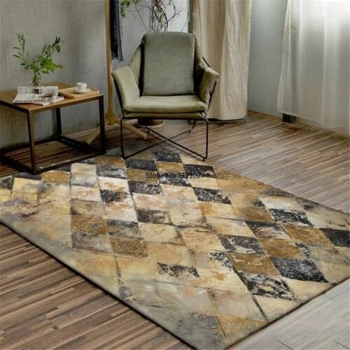 Retro European Style Carpet Geometric Diamond Lattice Living Room Bedroom Bed Carpet Brown Oil Painting Pattern Floor Mat
