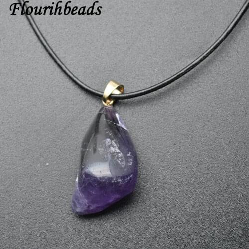 Natural Amethyst Stone Nugget Pendant Black Leather Cord Chains Necklace Fashion Gemstone Jewelry