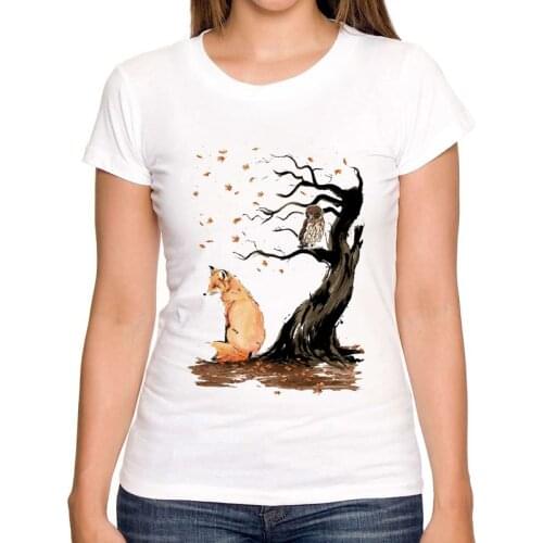 Hot Art Design Winds of Autumn Womens Creative fox owl Printed T-shirt High Quality Hipster Cool Short Sleeve Tee Shirts Tops