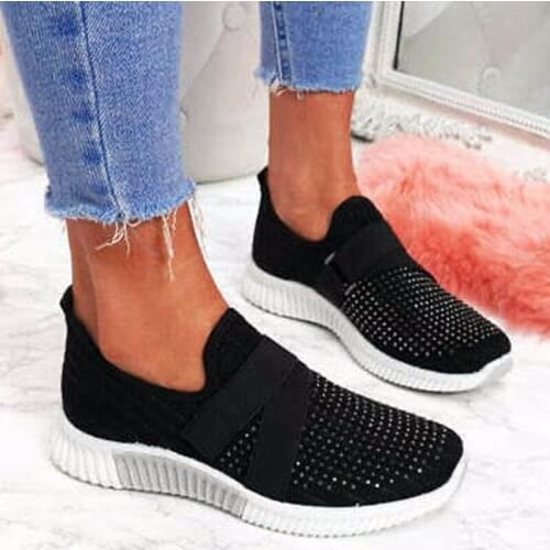 LLOGAI Spring Crystal Solid Female Mesh Sneakers Casual Flat Shoes 2021 Women Casual Shoes Women Flats Ladies Sport Shoes White