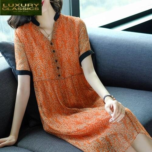 Midi Silk 100% Real Dress Women Vestido Print Floral V Neck Dress Summer Dresses Loose Party Beach Dresses 2021 LWL1497