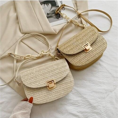 Fashion Women Straw Woven Shoulder Crossbody Messenger Bag Summer Beach Chain Saddle Bags Small Purse