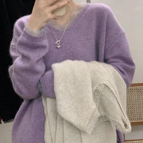 2021 Autumn Winter Women Loose V Neck Solid Knitted Warm Sweaters Female Long Sleeve Pullovers Lady Chic Thick Warm Jumper P194