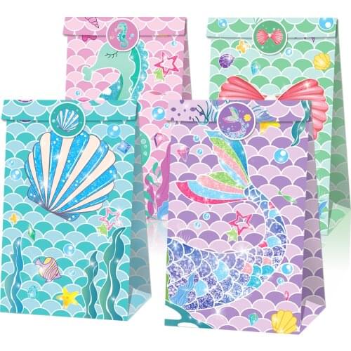 CYUAN 12pcs Cute Gift Bag Mermaid Tail Gift Bags Little Mermaid Party Birthday Decorations For Girl Candy Biscuit Packaging Bags