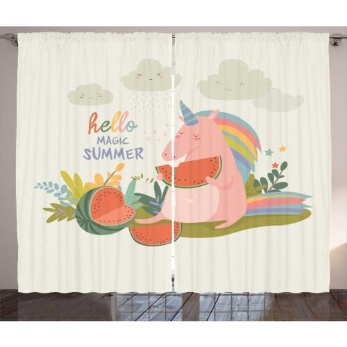 Unicorn Watermelon Curtains Hello Magic Summer Fun Satin Fabric Drapes for Living Room Bedroom 2 Panel Window Set
