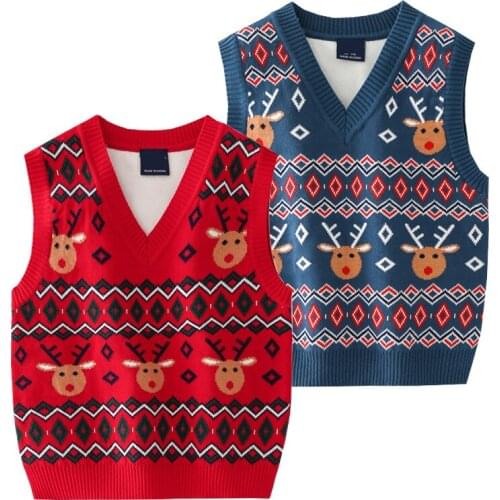 V-neck Christmas Boys Ugly Sweater Vests Sleevess Girls Pullover Cotton Deer Pattern Children Knitted Wear Kids Clothes