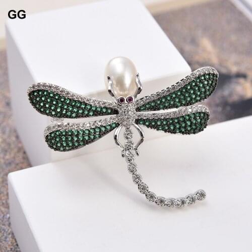 GuaiGuai Jewelry White Pearl Zircon Dragonfly Green CZ Crystal Brooch For Women Lady Pin