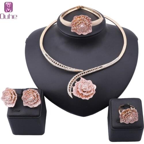 Handmade Dubai Gold Color Crystal Rose Flower Jewelry Fashion Wedding African Costume Necklace Earring Jewelry Sets